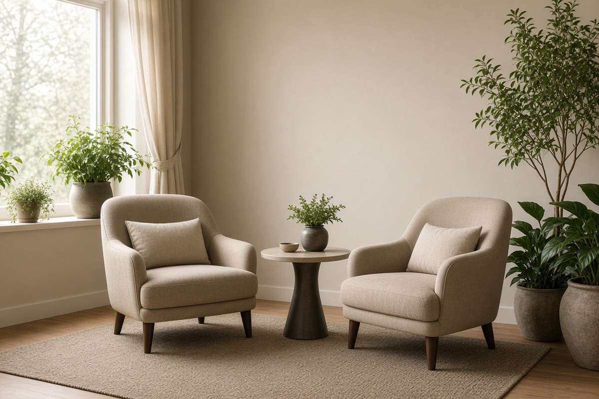 Calm therapy room with two armchairs, a setting for dual diagnosis treatment in Tarzana
