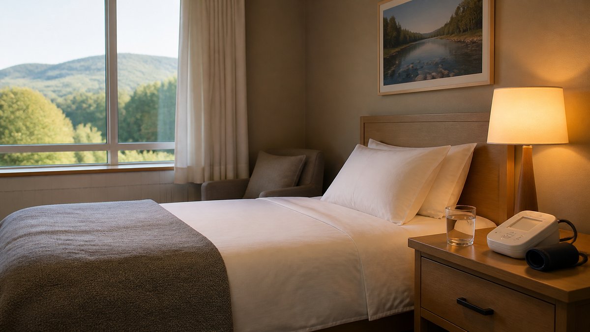 Calm private bedroom with blood pressure monitor on the nightstand for medically supervised fentanyl detox in Los Angeles