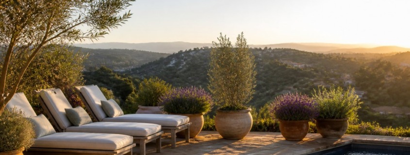 Peaceful hillside terrace with lounge chairs and pool at a private residence offering fentanyl rehab in Los Angeles