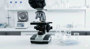 A clean, modern laboratory workspace with a microscope, glass beakers, and scientific testing equipment.