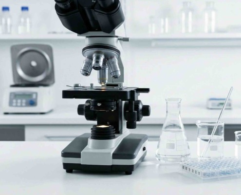 A clean, modern laboratory workspace with a microscope, glass beakers, and scientific testing equipment.