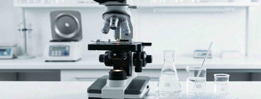 A clean, modern laboratory workspace with a microscope, glass beakers, and scientific testing equipment.
