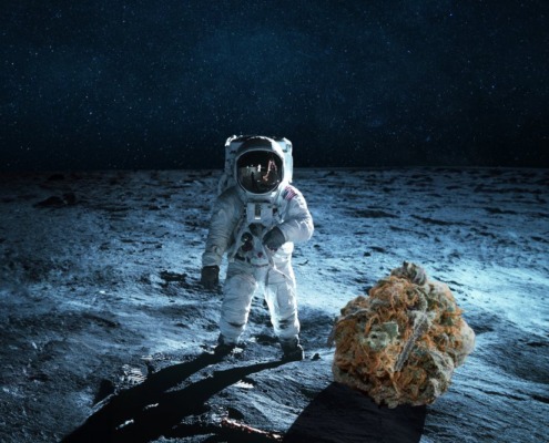 Astronaut on the moon with a marijuana moon rock