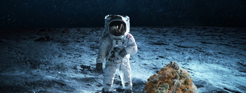 Astronaut on the moon with a marijuana moon rock