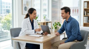 A doctor in a white coat consulting with a patient in a bright medical office.