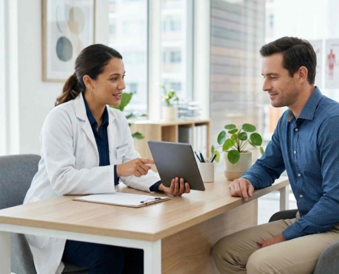 A doctor in a white coat consulting with a patient in a bright medical office.