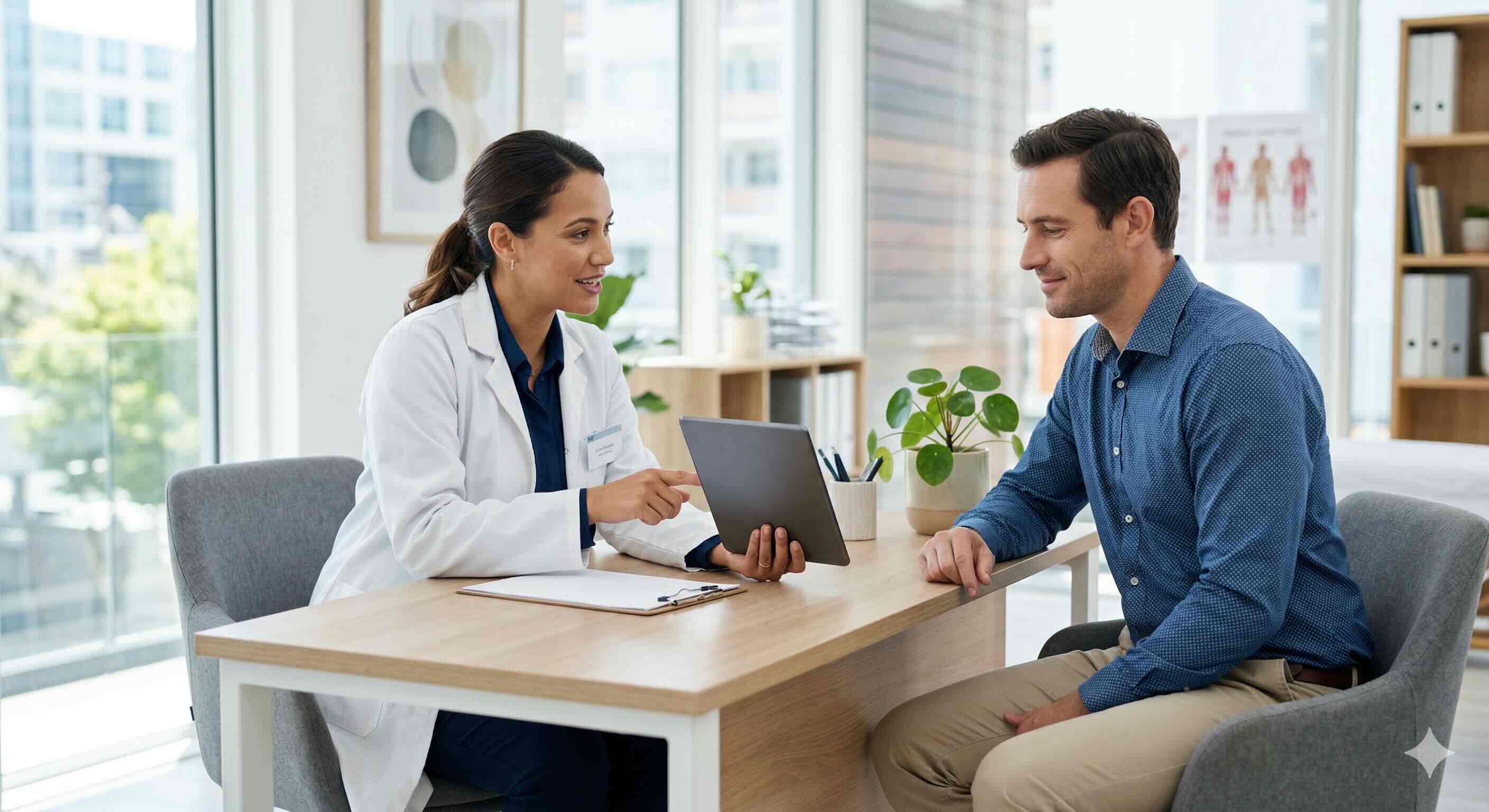 A doctor in a white coat consulting with a patient in a bright medical office.