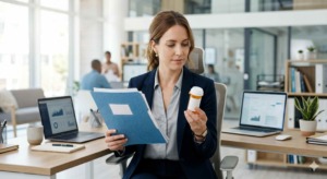 A professional person sitting at a desk holding a prescription bottle and a medical folder with a look of preparedness.