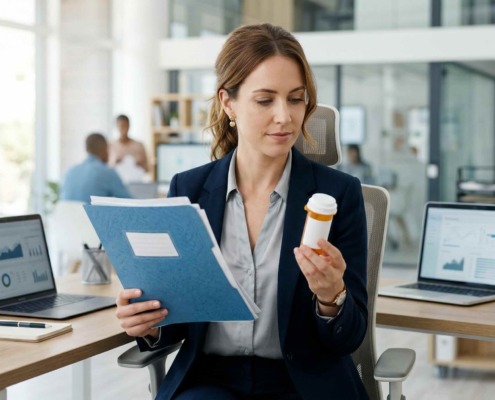 A professional person sitting at a desk holding a prescription bottle and a medical folder with a look of preparedness.