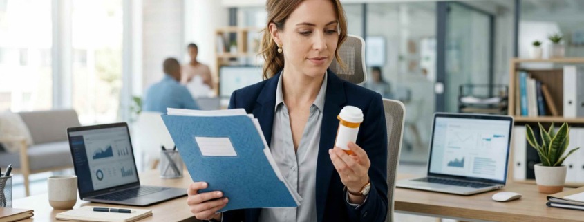 A professional person sitting at a desk holding a prescription bottle and a medical folder with a look of preparedness.