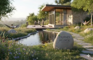 Serene detox center landscape featuring a modern cabin, yoga deck, natural pond, hammocks, and the Journey Hillside Tarzana logo on a river stone.