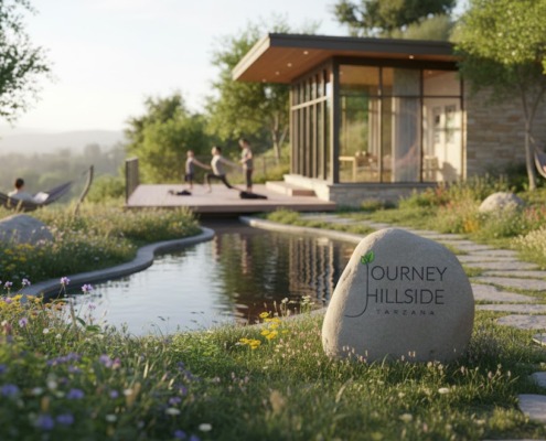 Serene detox center landscape featuring a modern cabin, yoga deck, natural pond, hammocks, and the Journey Hillside Tarzana logo on a river stone.