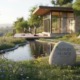 Serene detox center landscape featuring a modern cabin, yoga deck, natural pond, hammocks, and the Journey Hillside Tarzana logo on a river stone.
