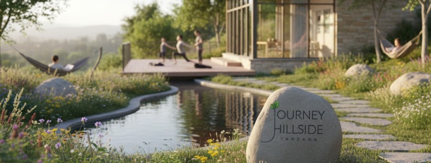 Serene detox center landscape featuring a modern cabin, yoga deck, natural pond, hammocks, and the Journey Hillside Tarzana logo on a river stone.